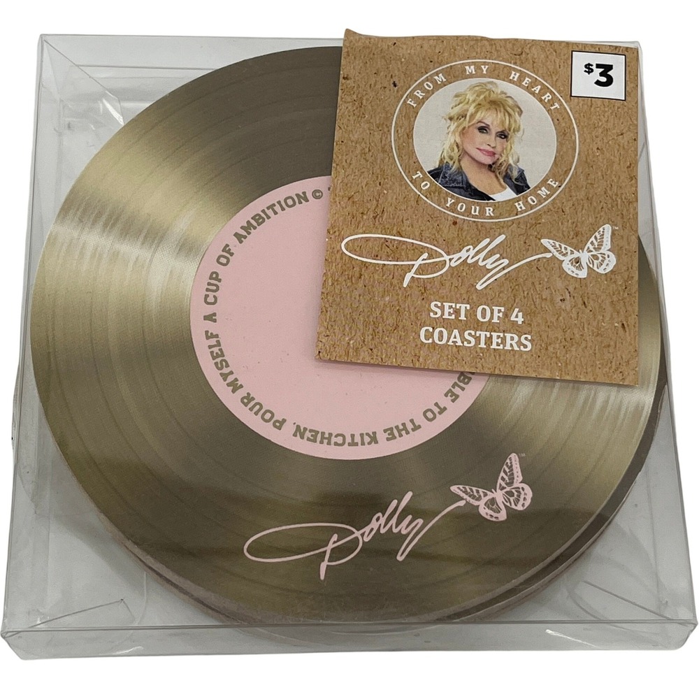 Dolly Parton Set of 4 Gold Record Coasters Drink Table Kitchen Bar Home Decor